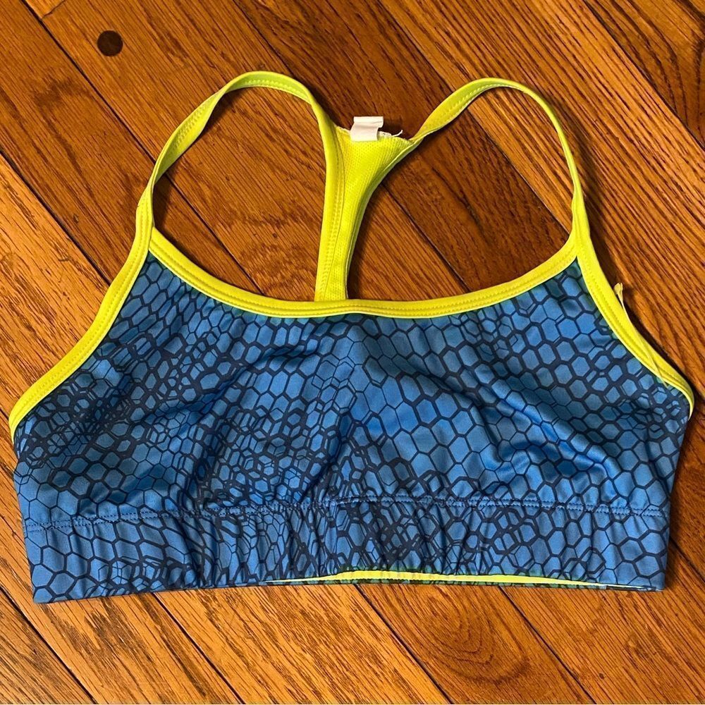 C9 by Champion blue and yellow reversible racerback pullover sports bra